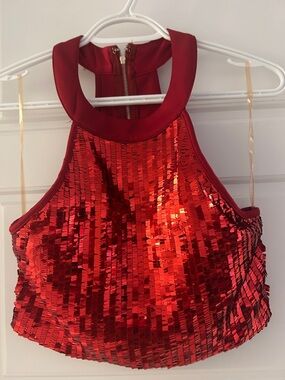 Red Sequin Halter Crop Top - Women